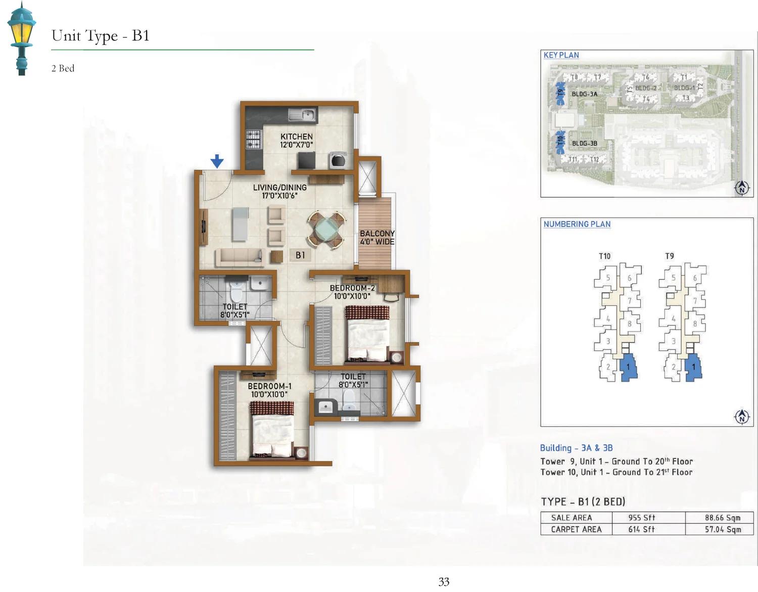 Prestige Finsbury Park Hyde 2 BHK floor plan (type B1)