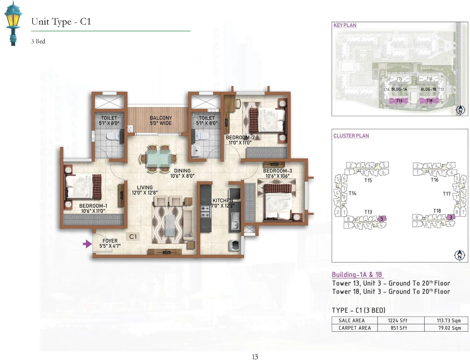 Prestige Finsbury Park Regent 3 BHK floor plan (type C1)