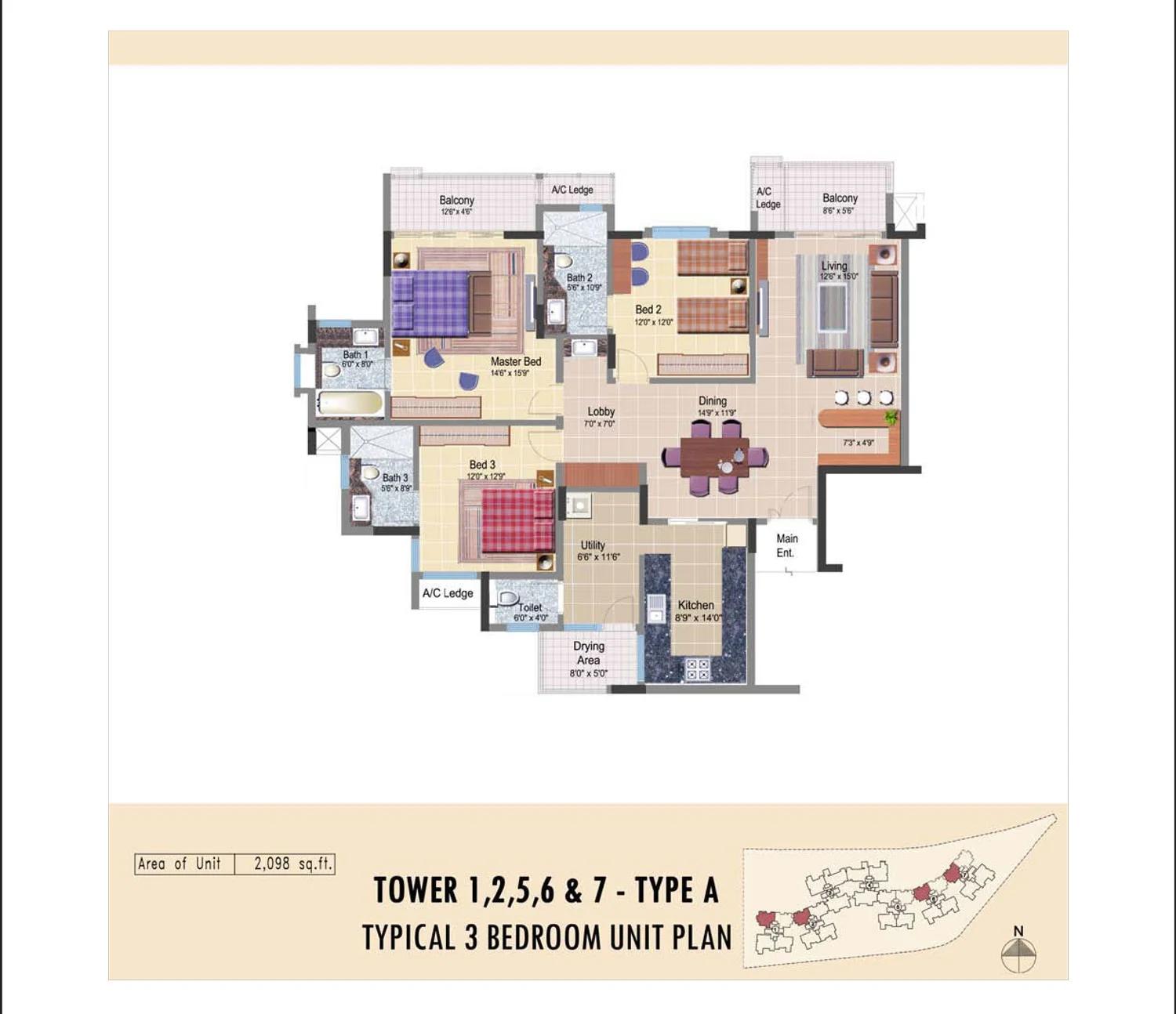 Prestige Neptune Courtyard 3 BHK unit plan (Type A)