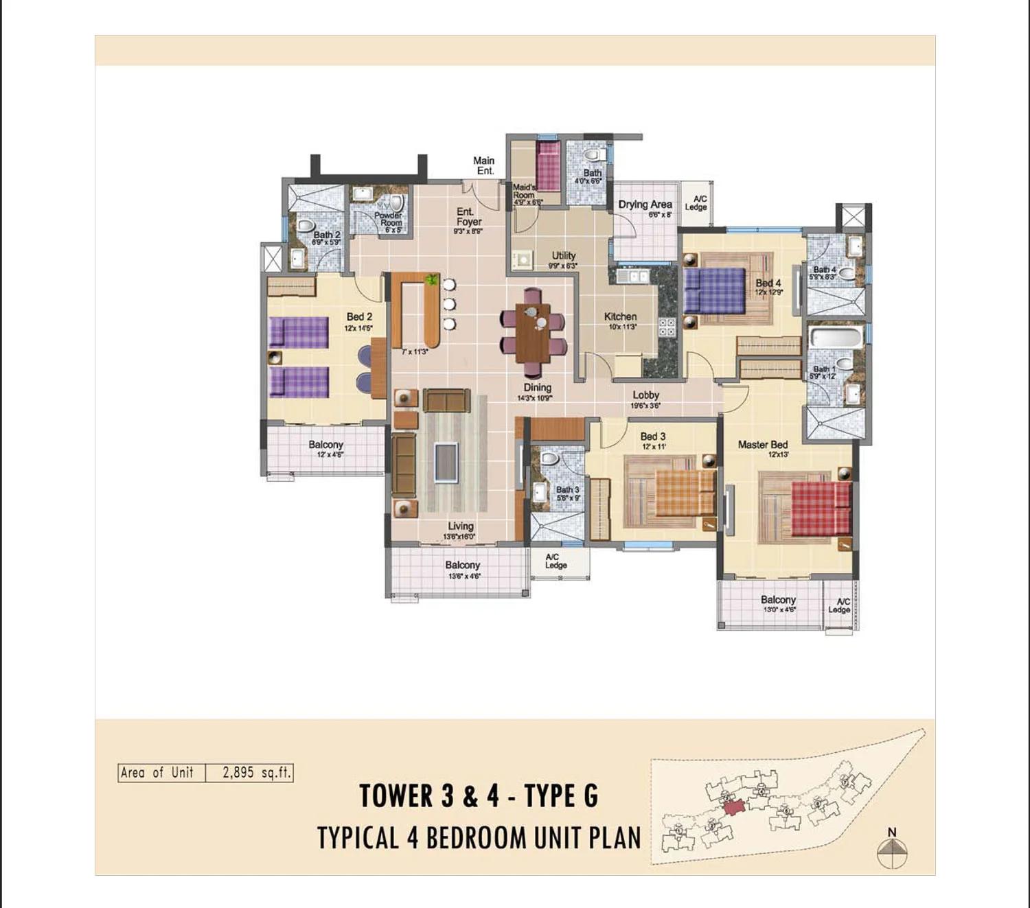 Prestige Neptune Courtyard 4 BHK unit plan (Type G)
