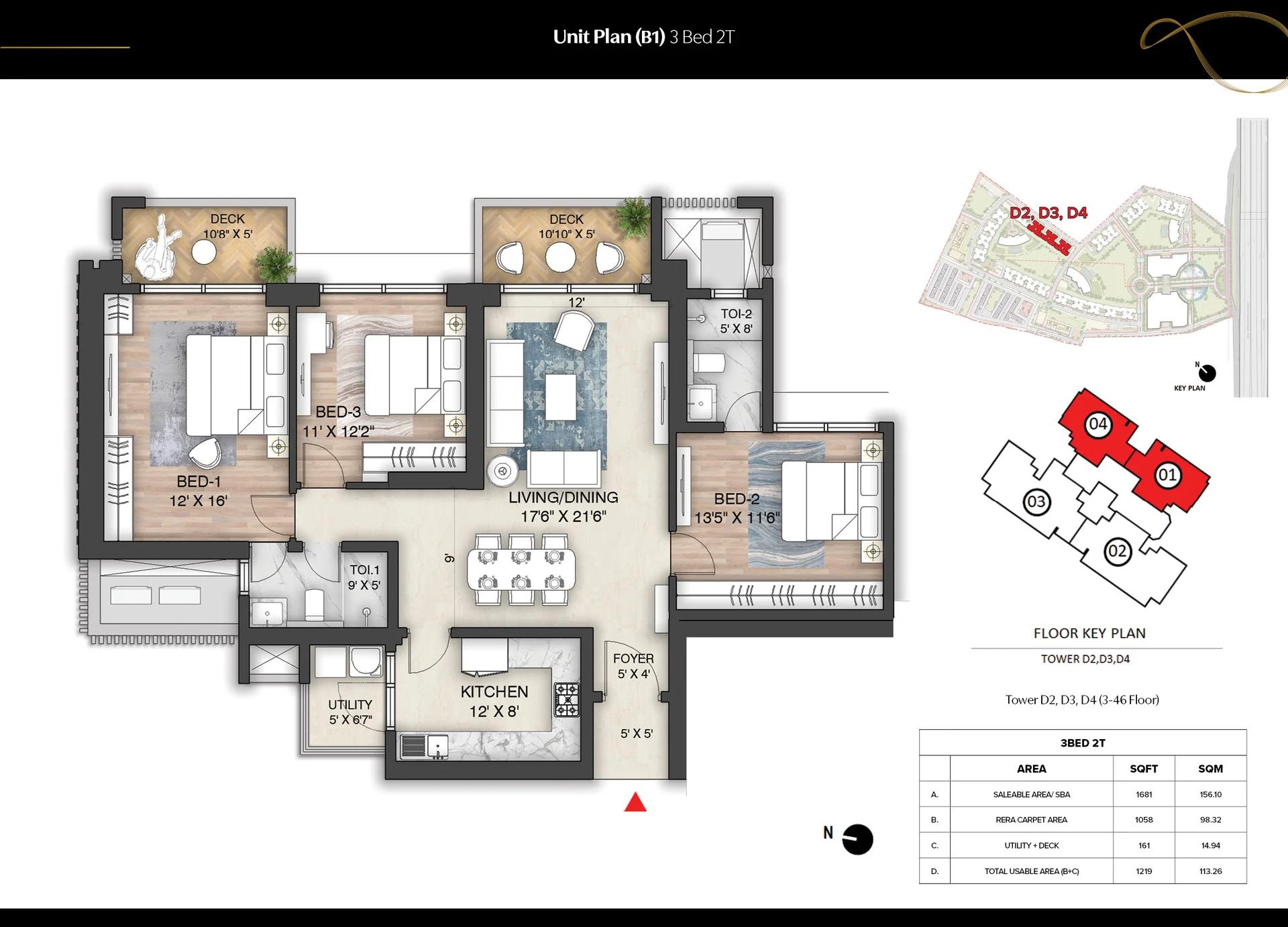 Prestige Oakwood 3 BHK unit plan (Aspire)