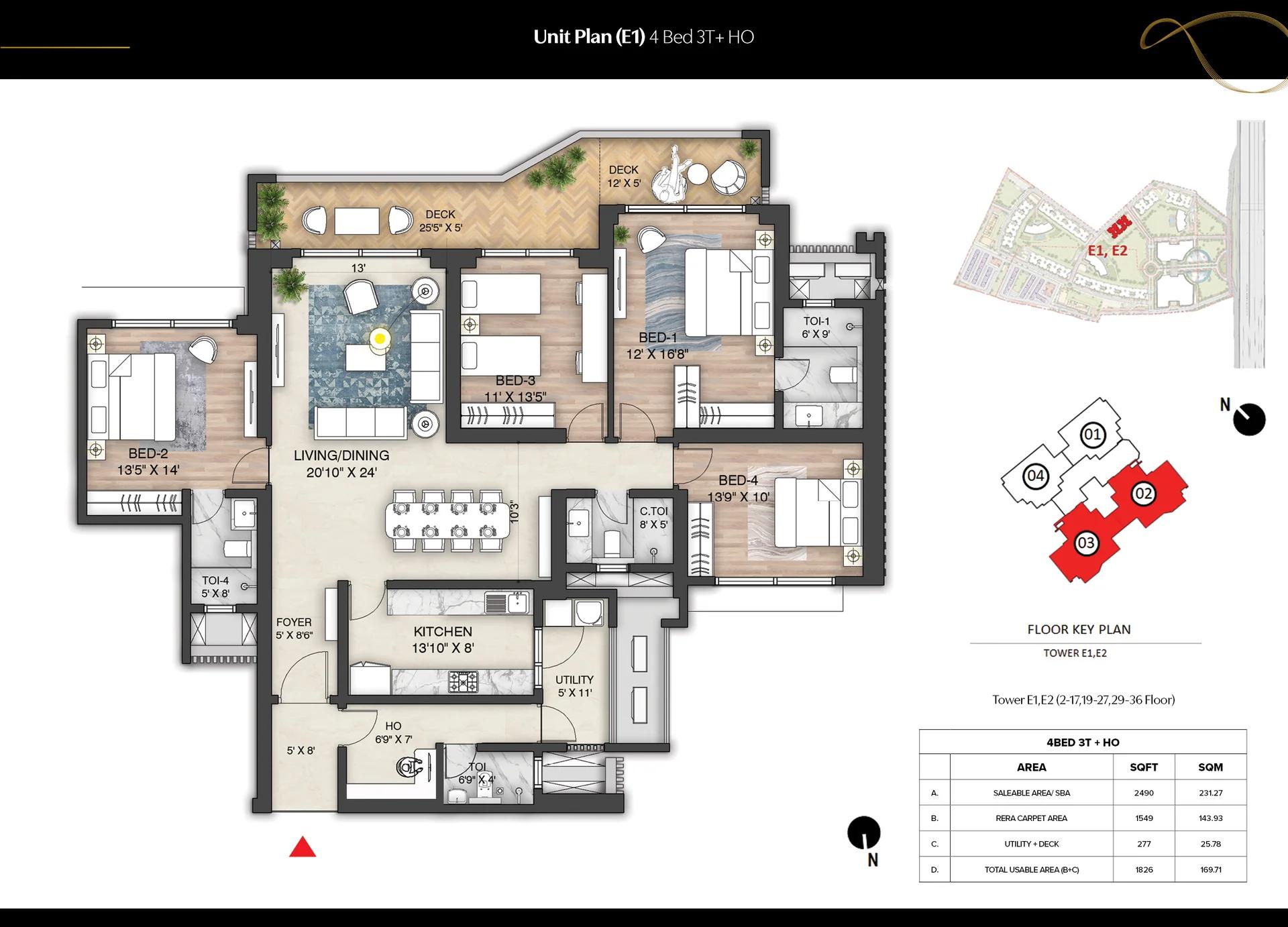 Prestige Oakwood 4 BHK unit plan (Magnus)