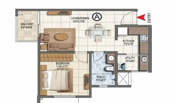 Prestige Palm Court 1 BHK Optima floor plan, about 637 sq ft