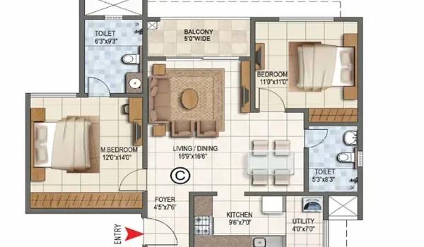 Prestige Palm Court 2 BHK Classic floor plan, about 1,139 sq ft