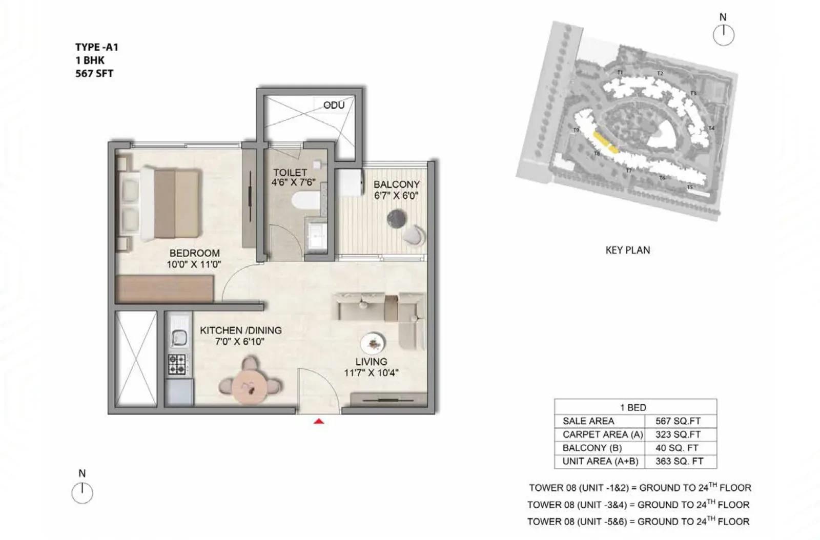 Prestige Parklane 1 BHK floor plan, Type A1, 567 sq ft