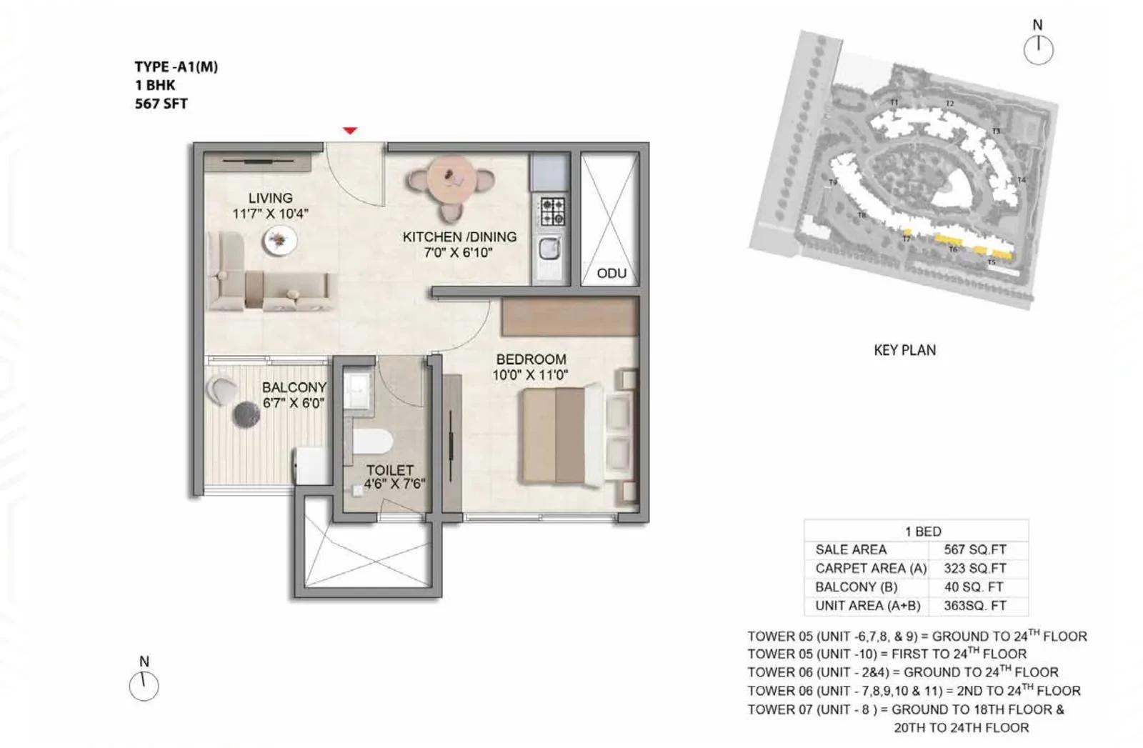 Prestige Parklane 1 BHK floor plan, Type A1(M), 567 sq ft