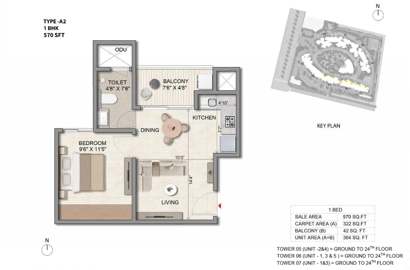 Prestige Parklane 1 BHK floor plan, Type A2, 570 sq ft