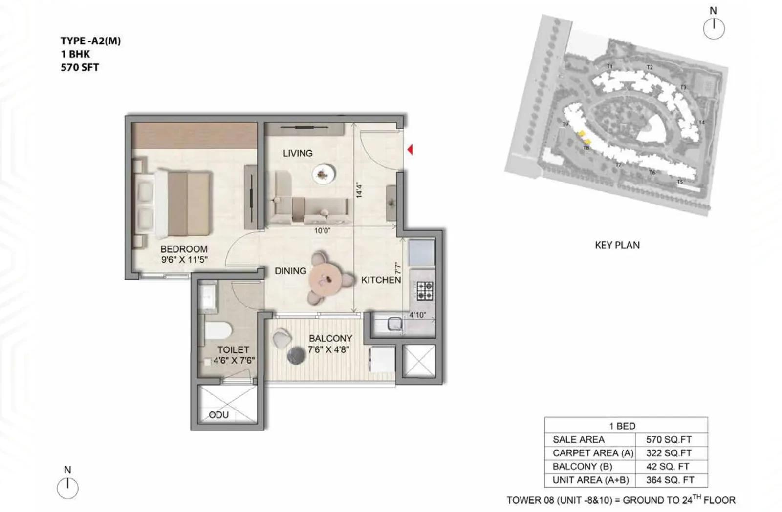 Prestige Parklane 1 BHK floor plan, Type A2(M), 570 sq ft