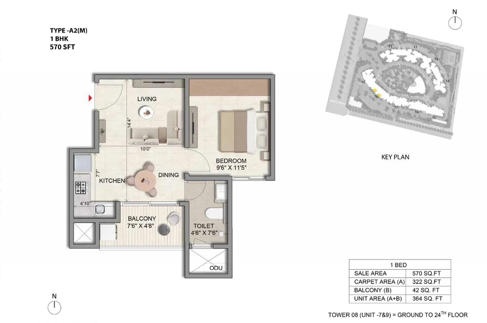 Prestige Parklane 1 BHK floor plan, Type A2(M), 570 sq ft