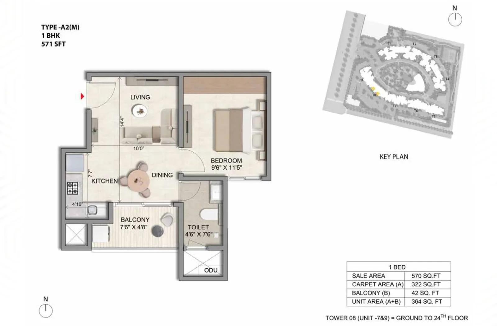 Prestige Parklane 1 BHK floor plan, Type A2(M), 571 sq ft