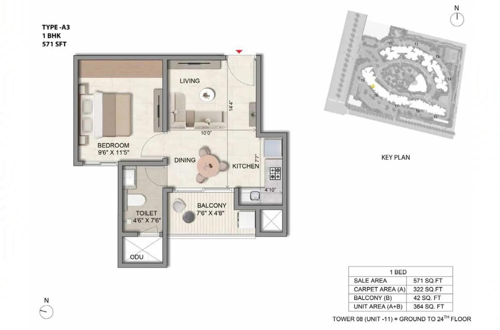 Prestige Parklane 1 BHK floor plan, Type A3, 571 sq ft