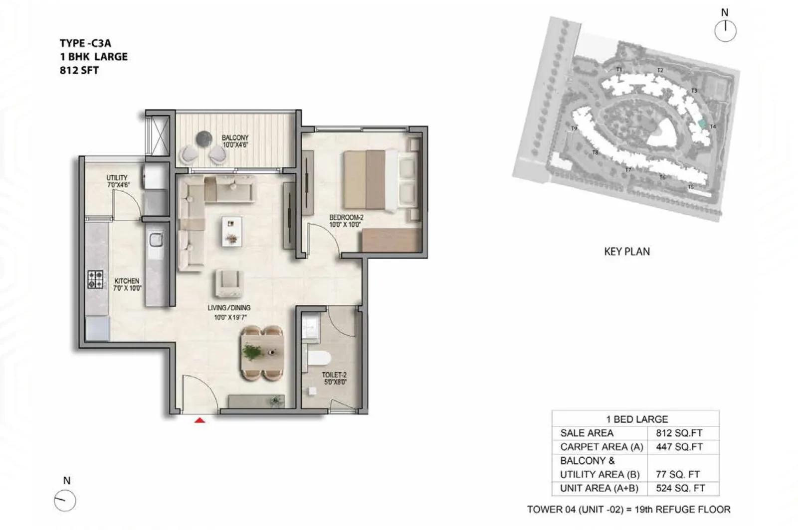 Prestige Parklane 1 BHK Large floor plan, Type C3A, 812 sq ft