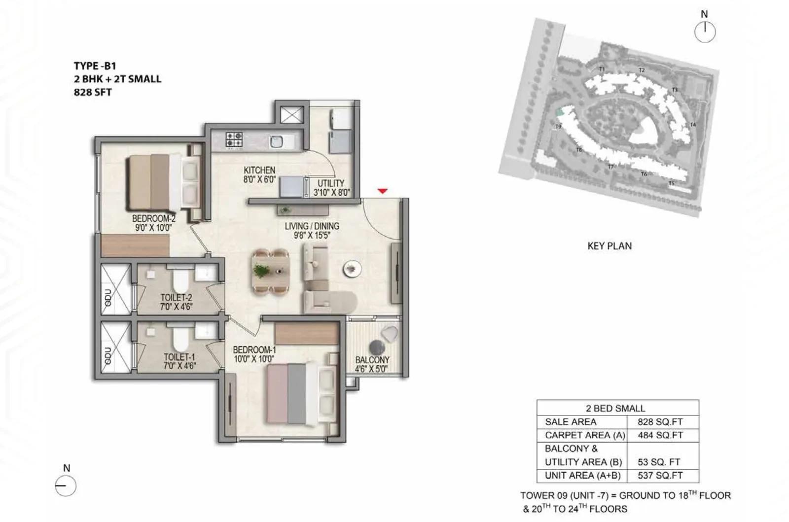 Prestige Parklane 2 BHK + 2T floor plan, Type B1, 828 sq ft