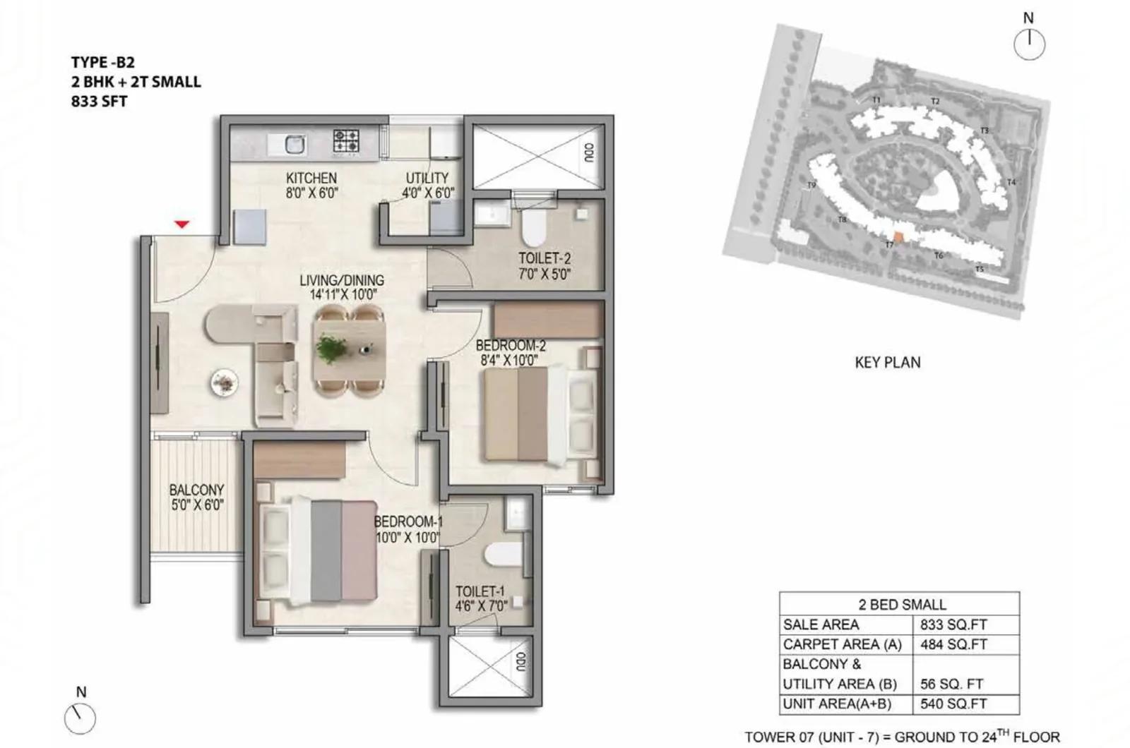 Prestige Parklane 2 BHK + 2T floor plan, Type B2, 833 sq ft