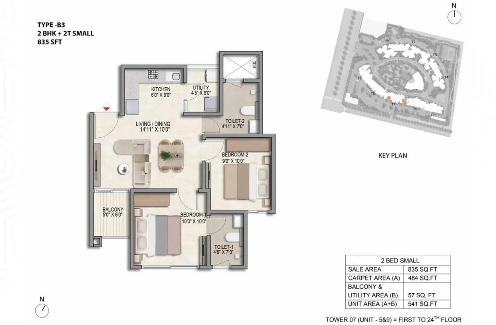 Prestige Parklane 2 BHK + 2T floor plan, Type B3, 835 sq ft