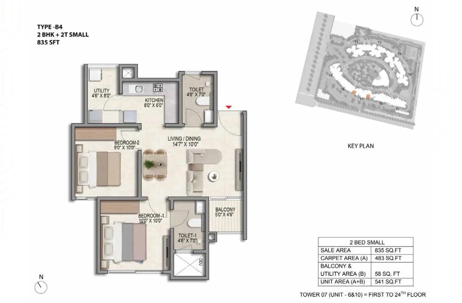 Prestige Parklane 2 BHK + 2T floor plan, Type B4, 835 sq ft