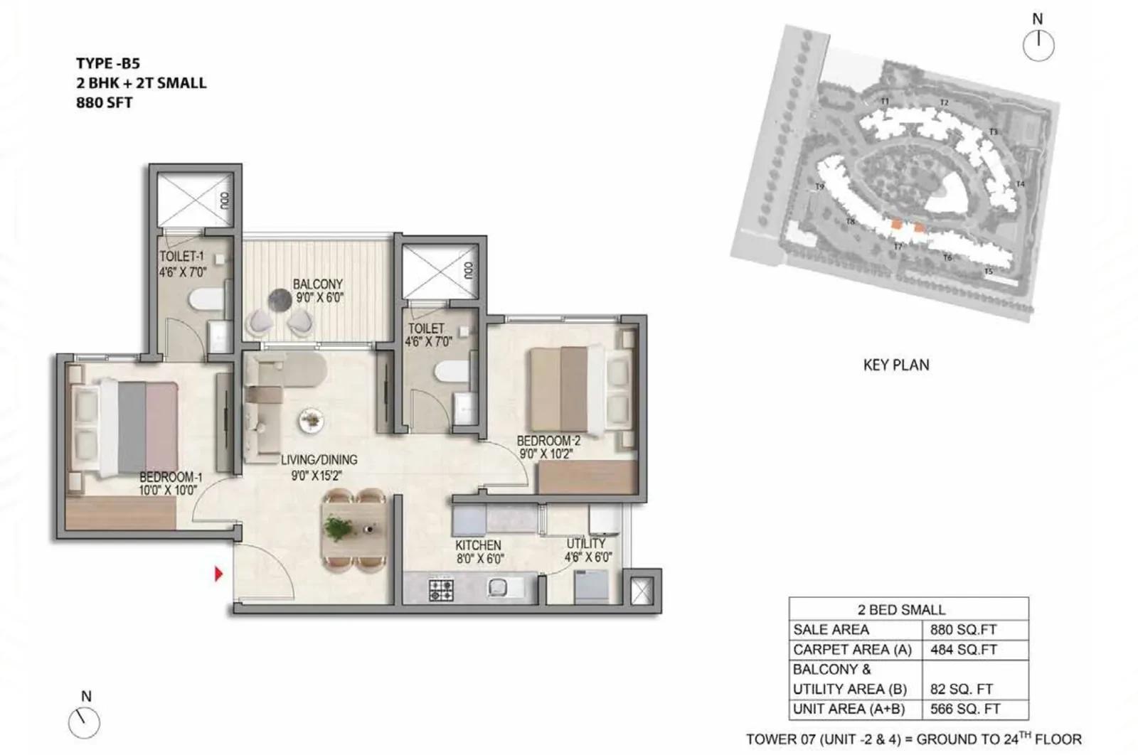 Prestige Parklane 2 BHK + 2T floor plan, Type B5, 880 sq ft