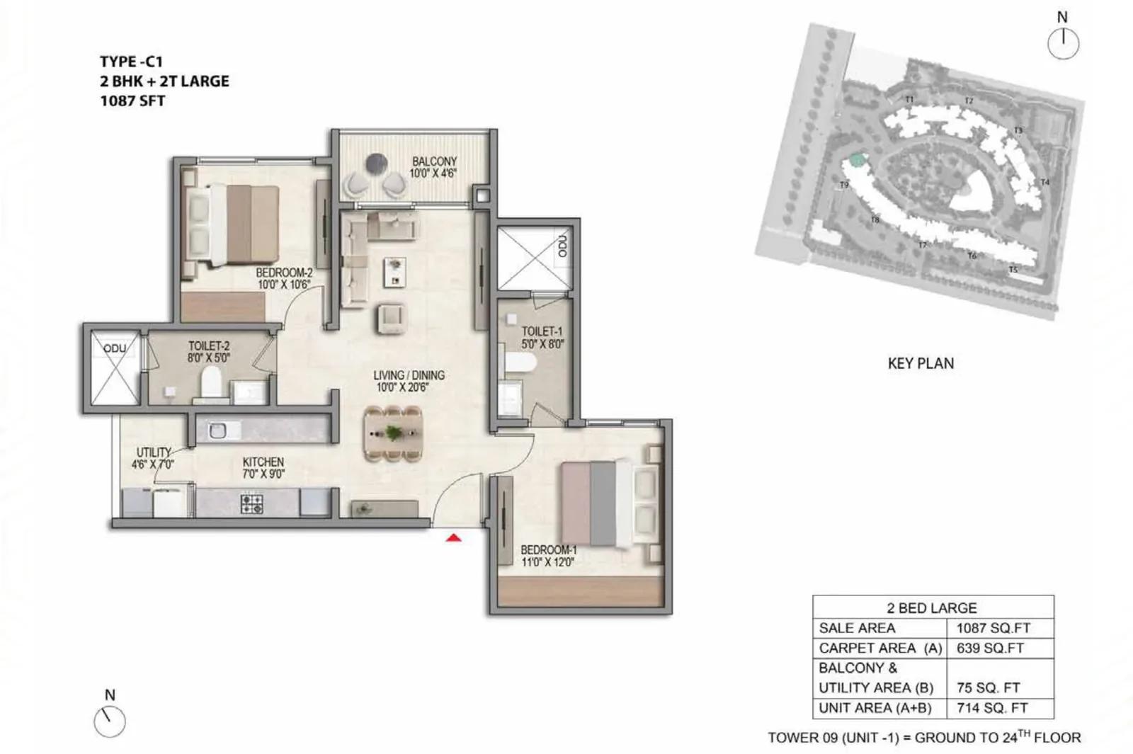 Prestige Parklane 2 BHK Large floor plan, Type C1, 1,087 sq ft