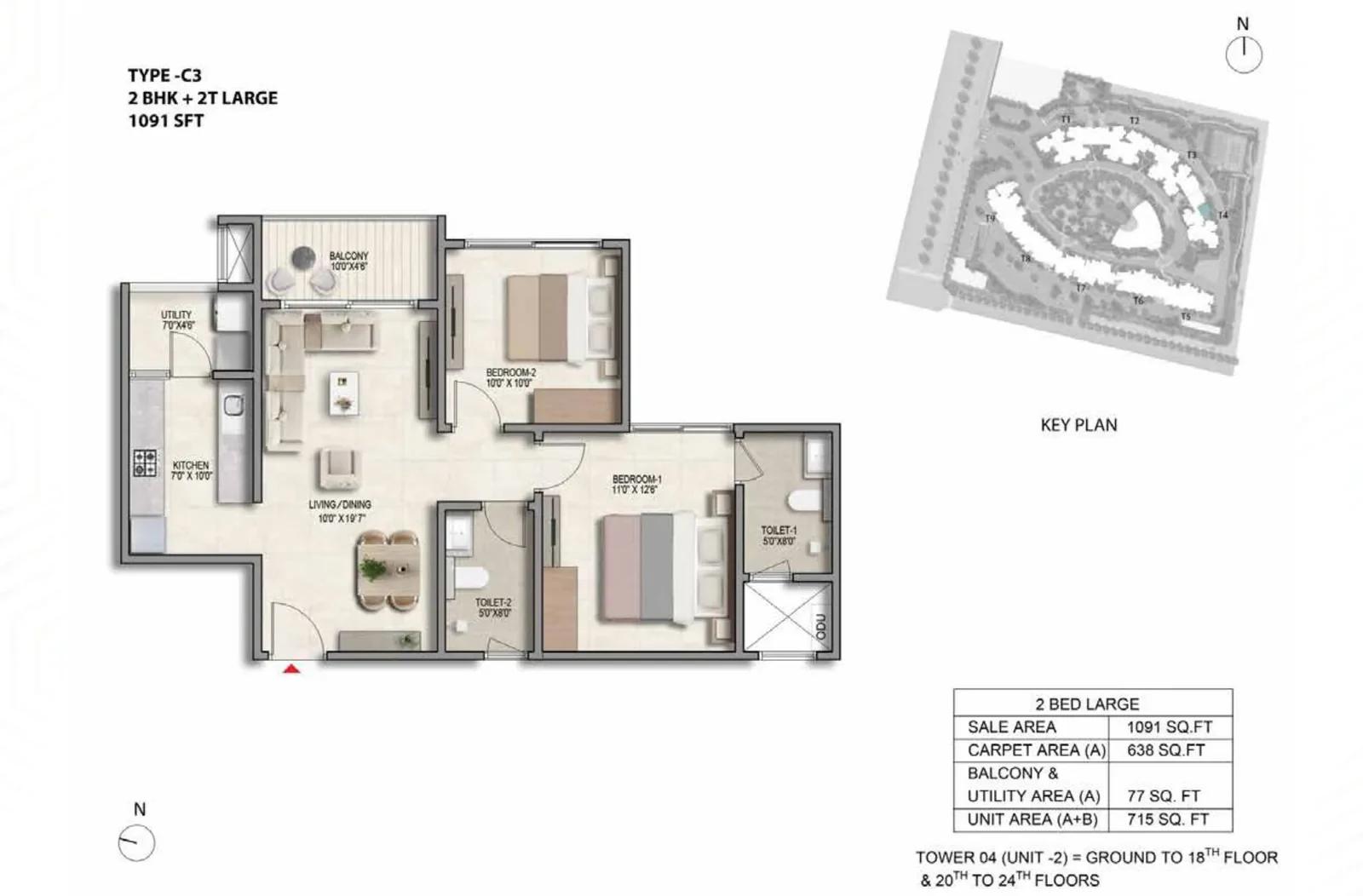 Prestige Parklane 2 BHK Large floor plan, Type C3, 1,091 sq ft