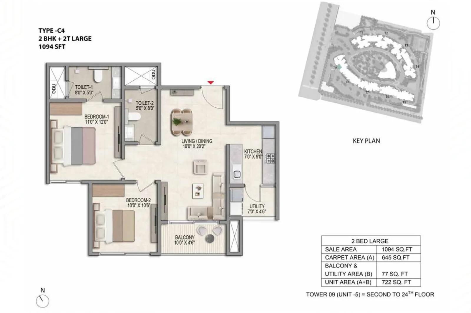 Prestige Parklane 2 BHK Large floor plan, Type C4, 1,094 sq ft