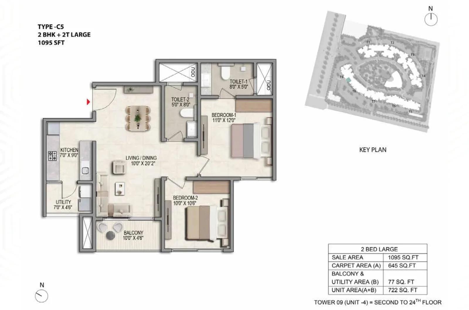 Prestige Parklane 2 BHK Large floor plan, Type C5, 1,095 sq ft