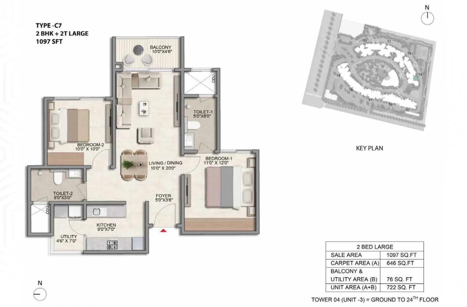 Prestige Parklane 2 BHK Large floor plan, Type C7, 1,097 sq ft