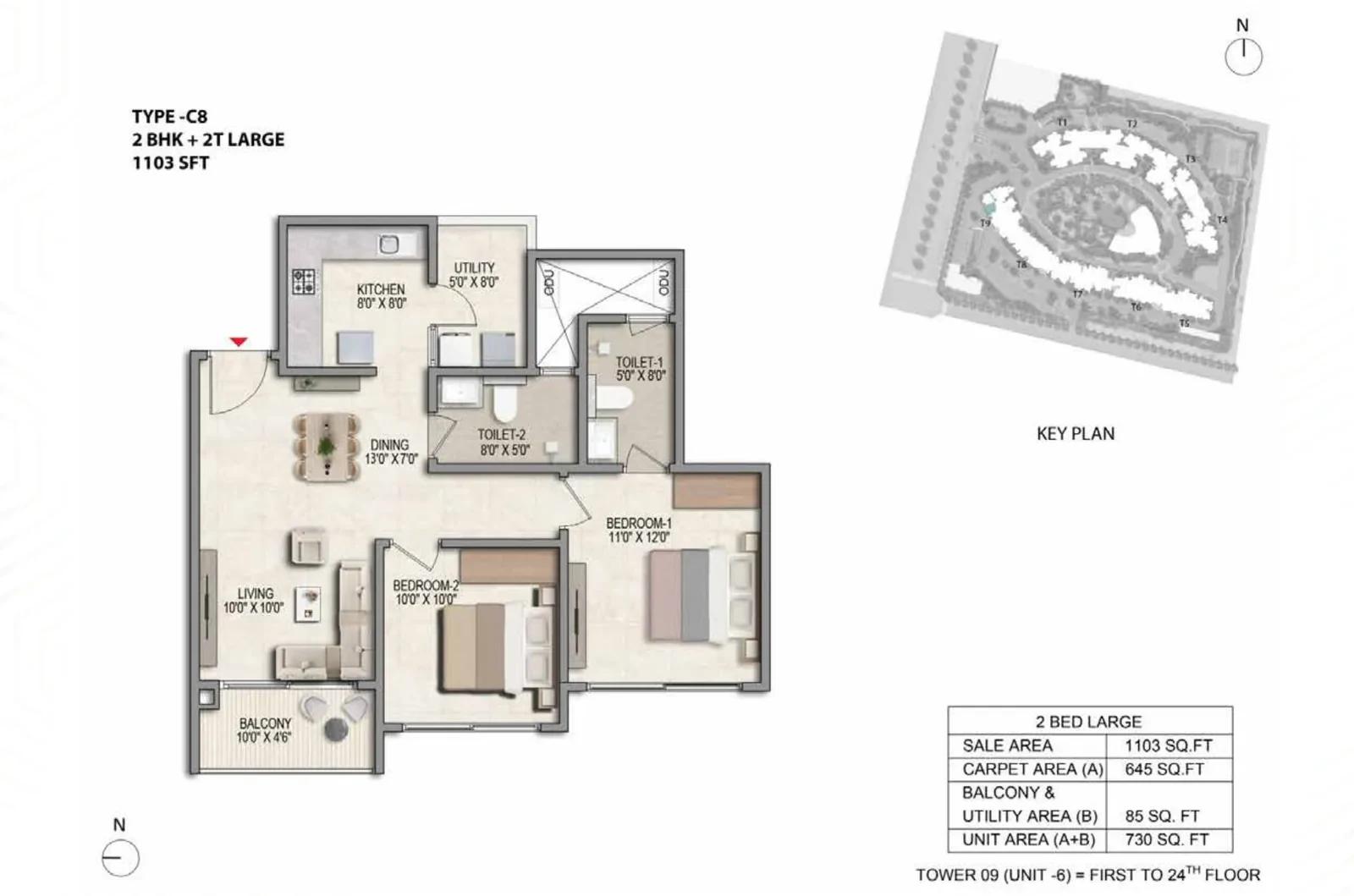 Prestige Parklane 2 BHK Large floor plan, Type C8, 1,103 sq ft