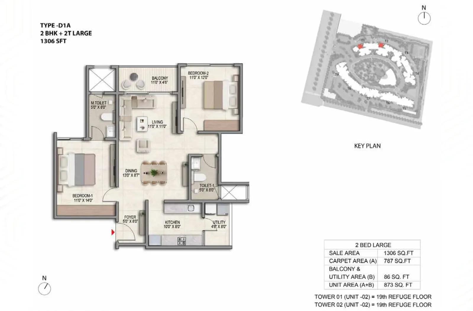 Prestige Parklane 2 BHK Large floor plan, Type D1A, 1,306 sq ft