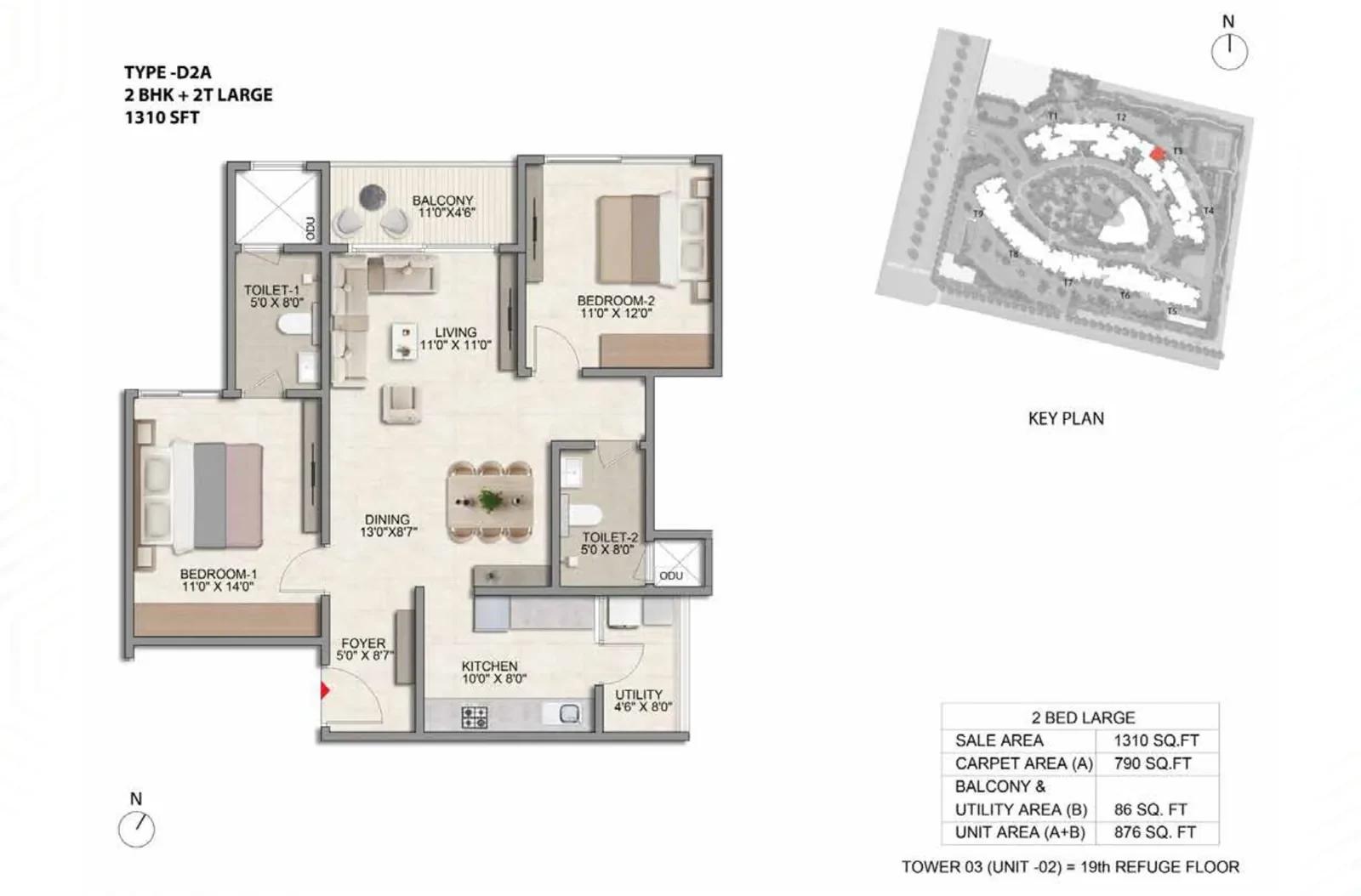 Prestige Parklane 2 BHK Large floor plan, Type D2A, 1,310 sq ft