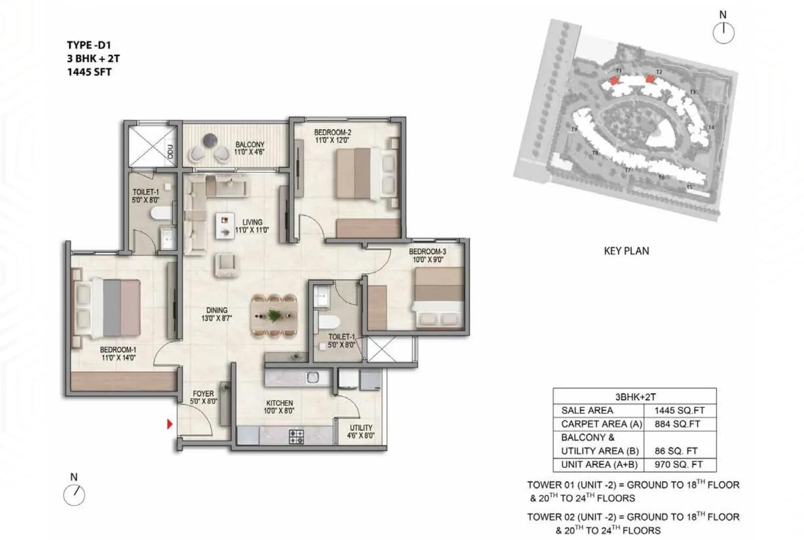 Prestige Parklane 3 BHK + 2T floor plan, Type D1, 1,445 sq ft