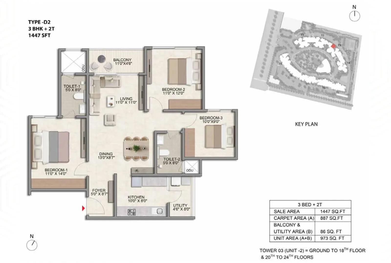Prestige Parklane 3 BHK + 2T floor plan, Type D2, 1,447 sq ft