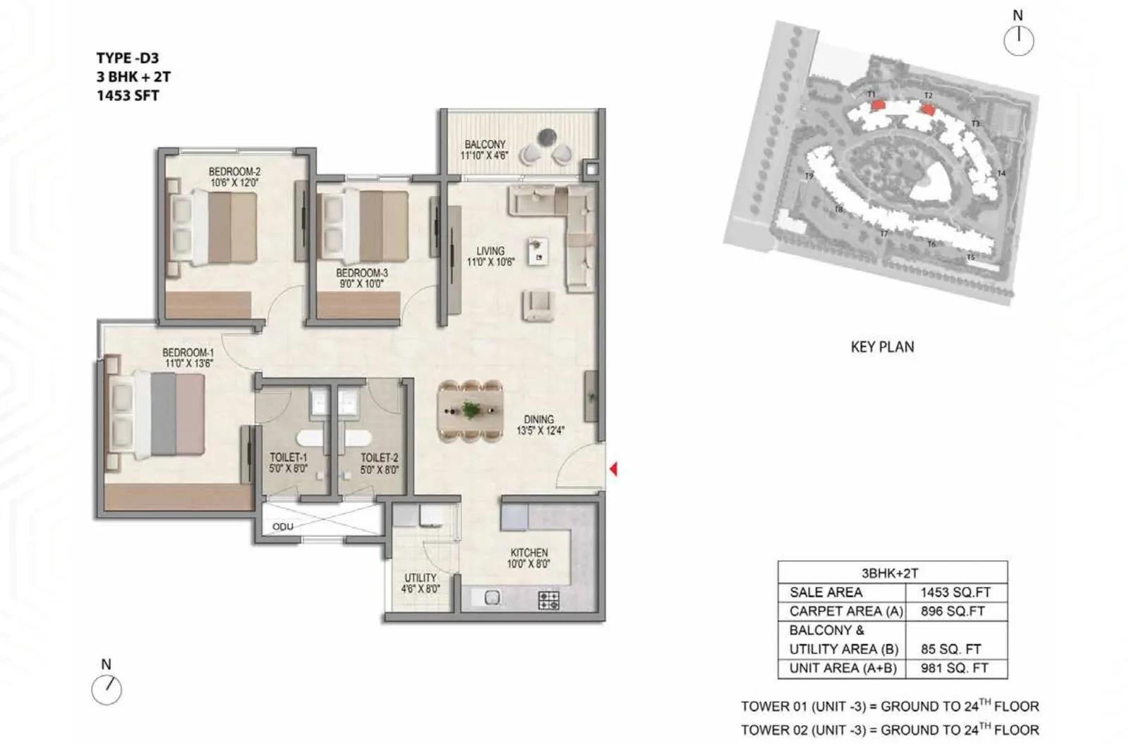 Prestige Parklane 3 BHK + 2T floor plan, Type D3, 1,453 sq ft