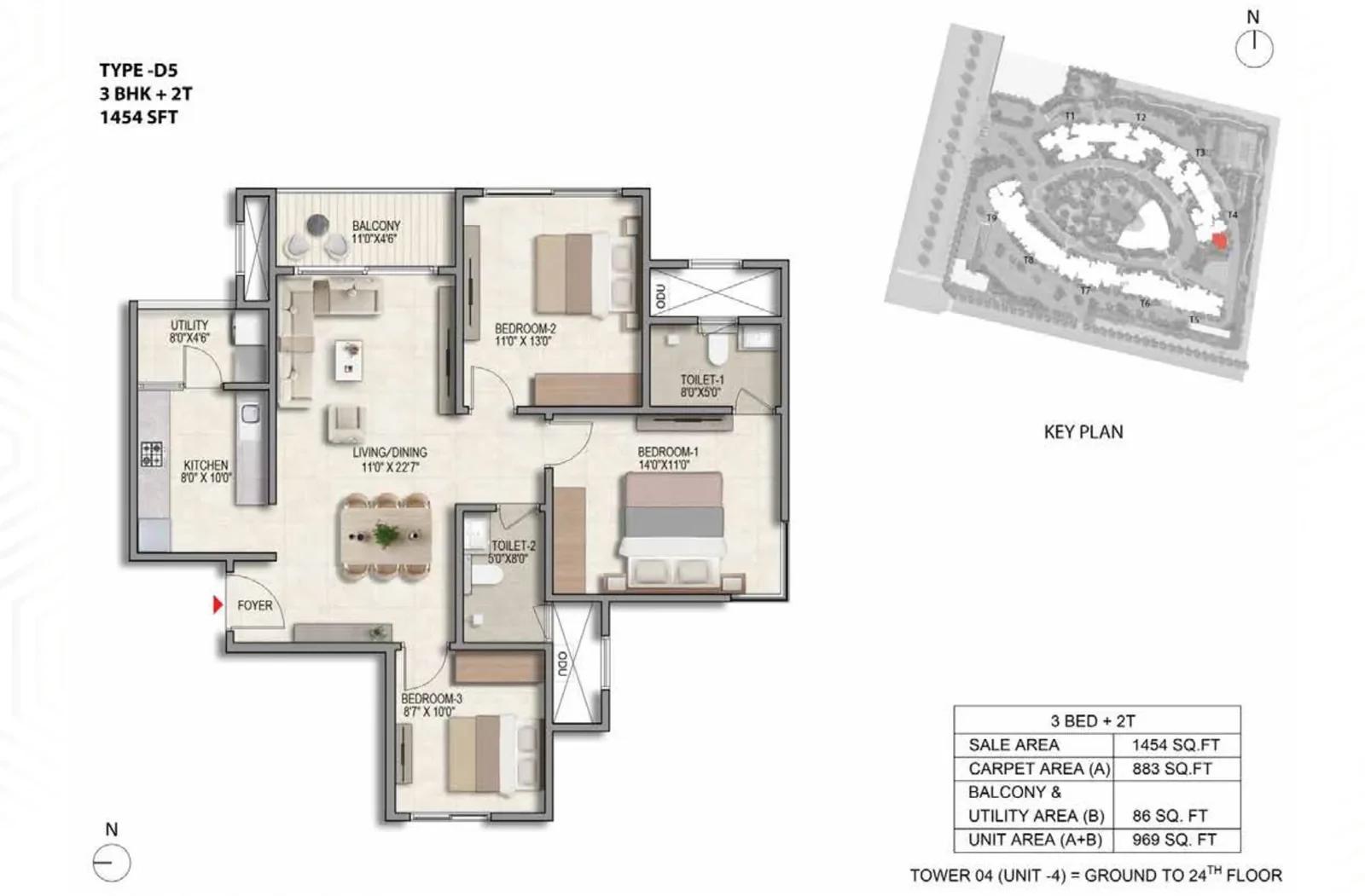Prestige Parklane 3 BHK + 2T floor plan, Type D5, 1,454 sq ft