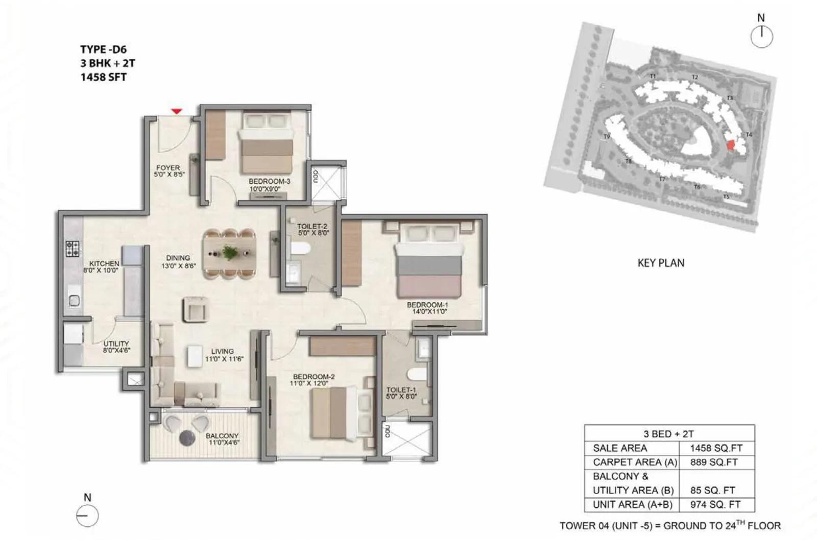 Prestige Parklane 3 BHK + 2T floor plan, Type D6, 1,458 sq ft