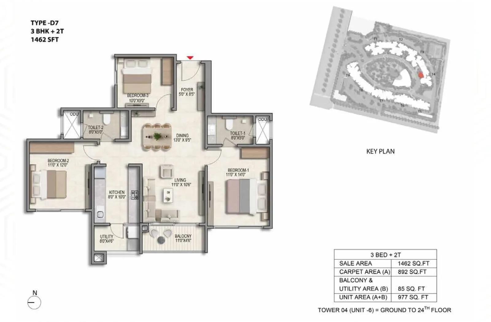 Prestige Parklane 3 BHK + 2T floor plan, Type D7, 1,462 sq ft