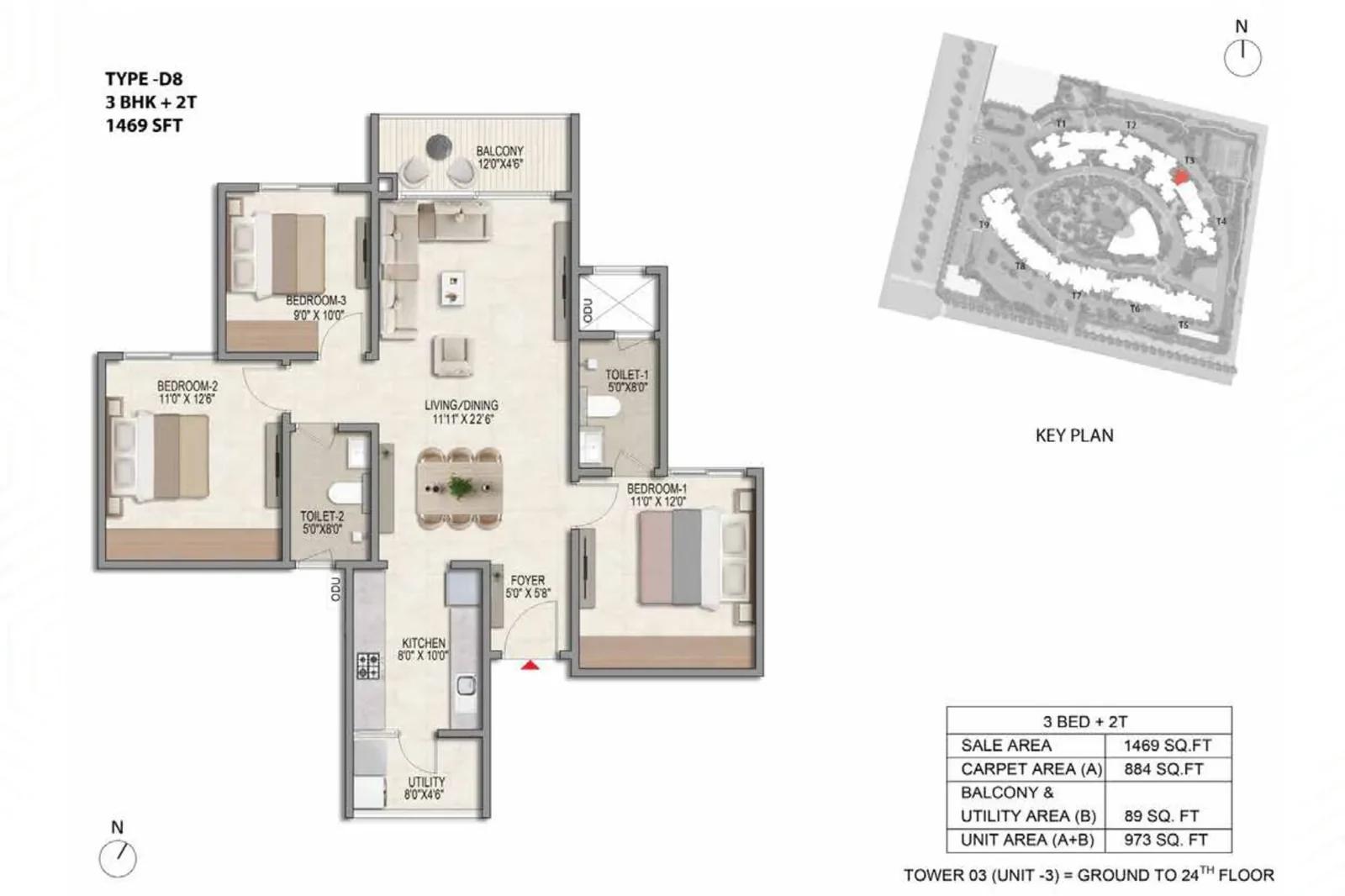 Prestige Parklane 3 BHK + 2T floor plan, Type D8, 1,469 sq ft