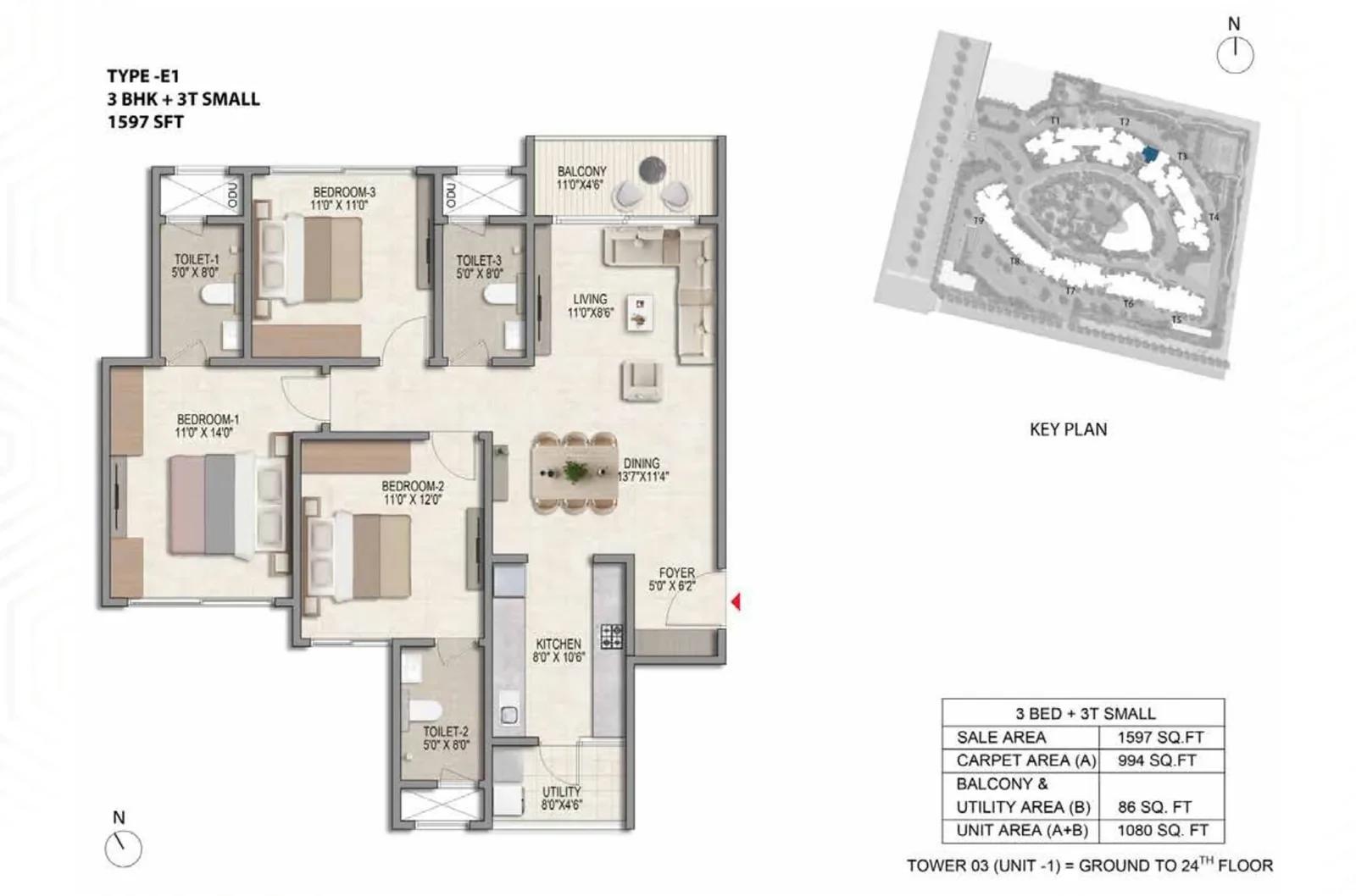 Prestige Parklane 3 BHK + 3T floor plan, Type E1, 1,597 sq ft