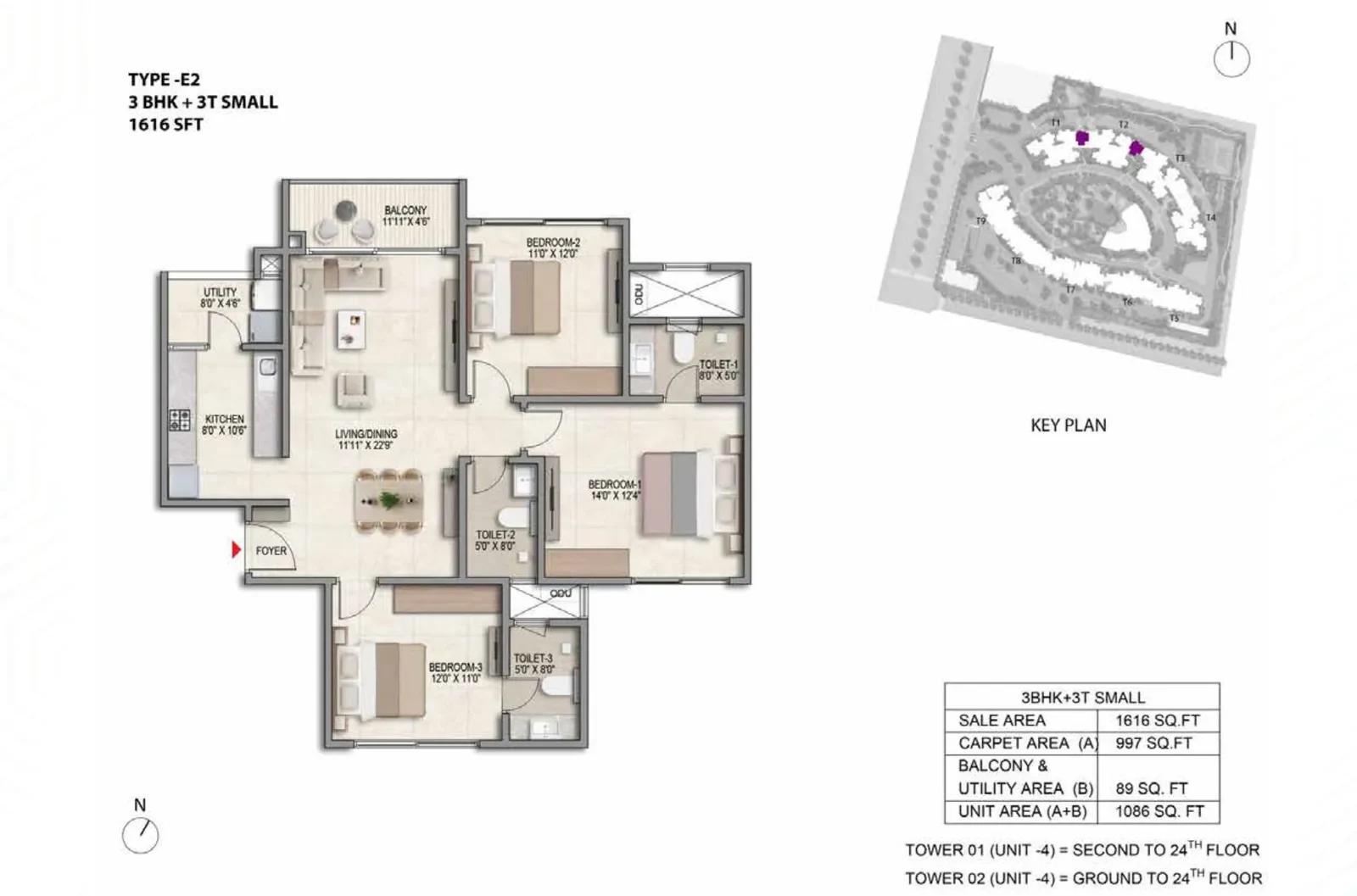 Prestige Parklane 3 BHK + 3T floor plan, Type E2, 1,616 sq ft