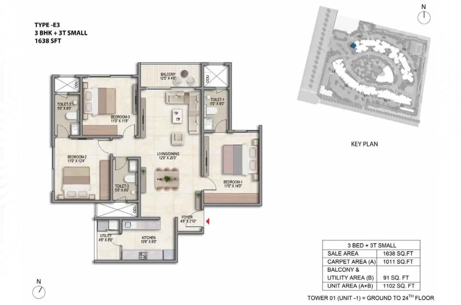 Prestige Parklane 3 BHK + 3T floor plan, Type E3, 1,638 sq ft