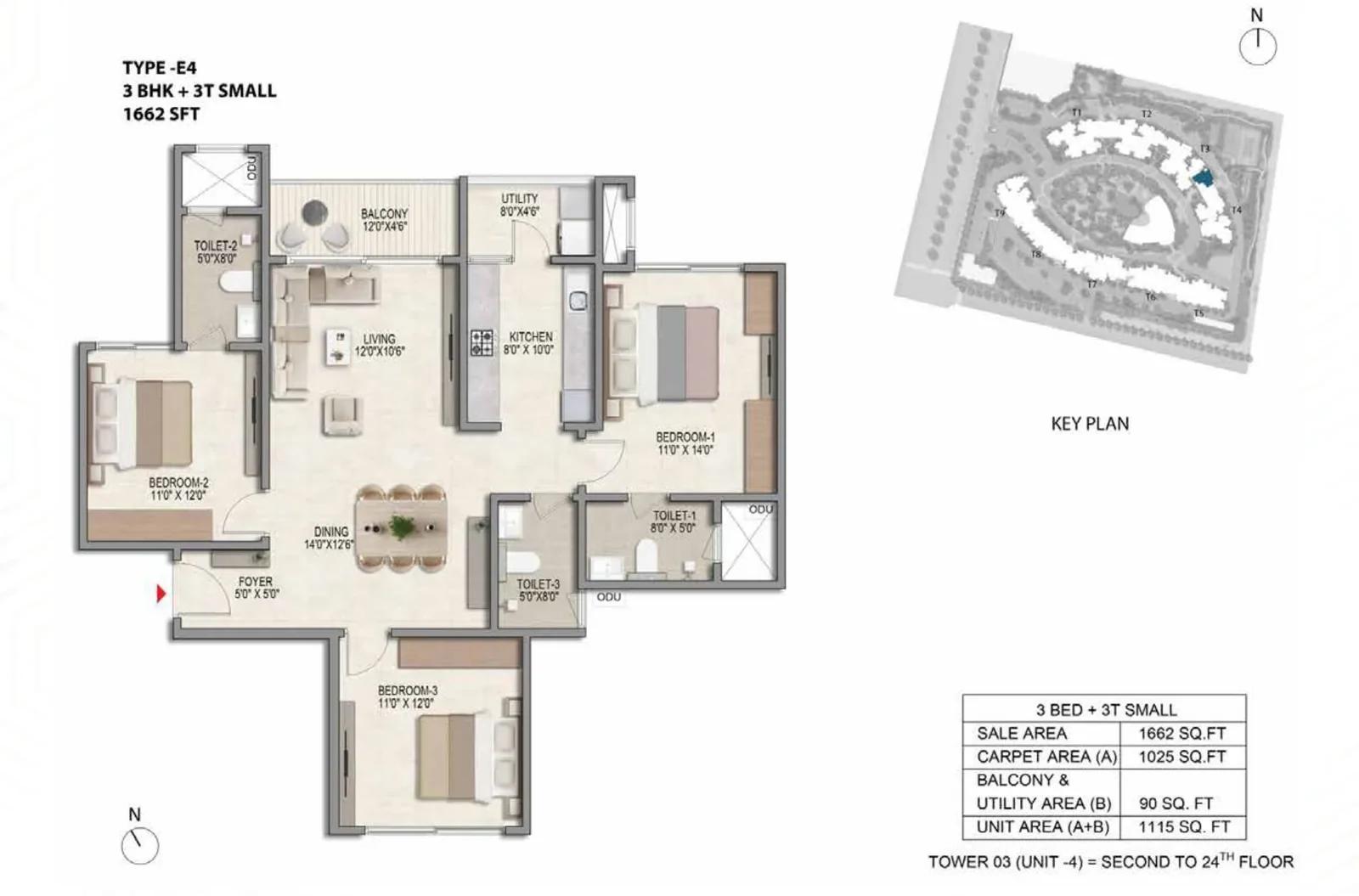 Prestige Parklane 3 BHK + 3T floor plan, Type E4, 1,662 sq ft