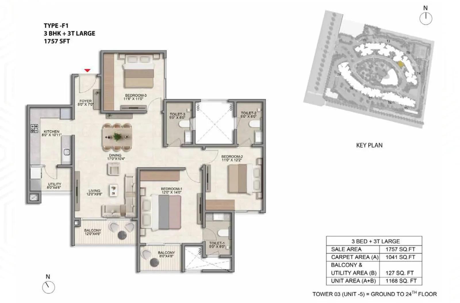 Prestige Parklane 3 BHK Large + 3T floor plan, Type F1, 1,757 sq ft