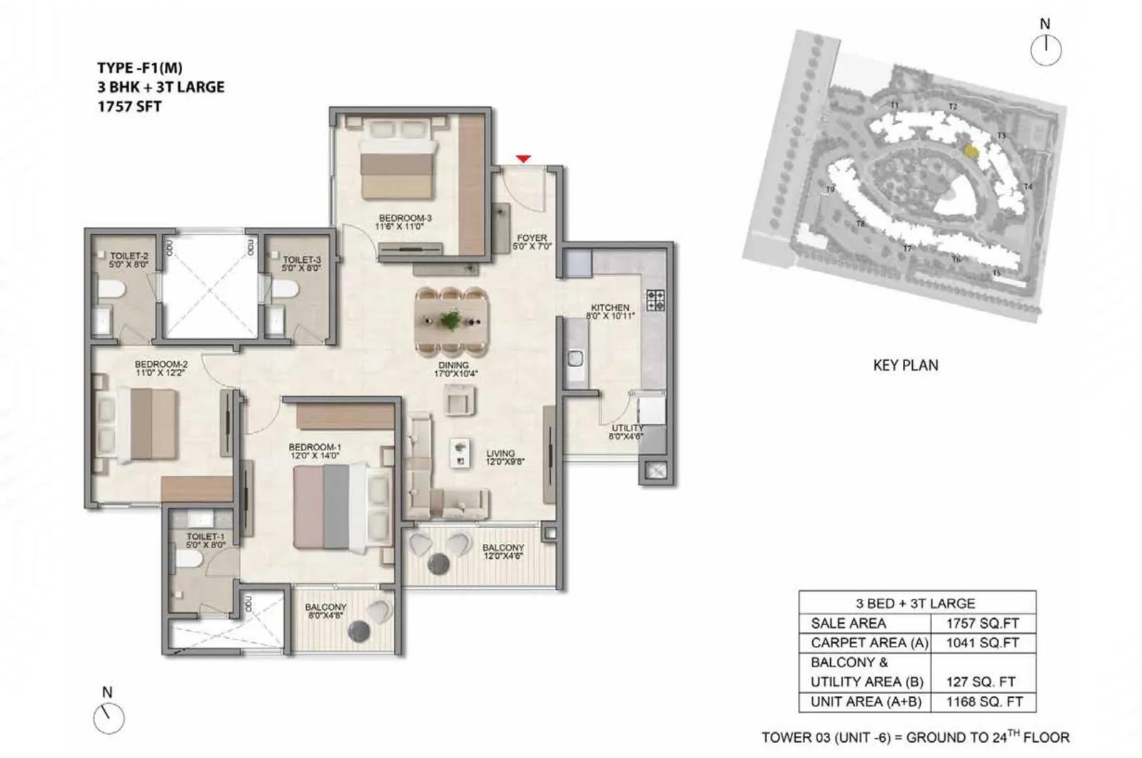 Prestige Parklane 3 BHK Large + 3T floor plan, Type F1(M), 1,757 sq ft