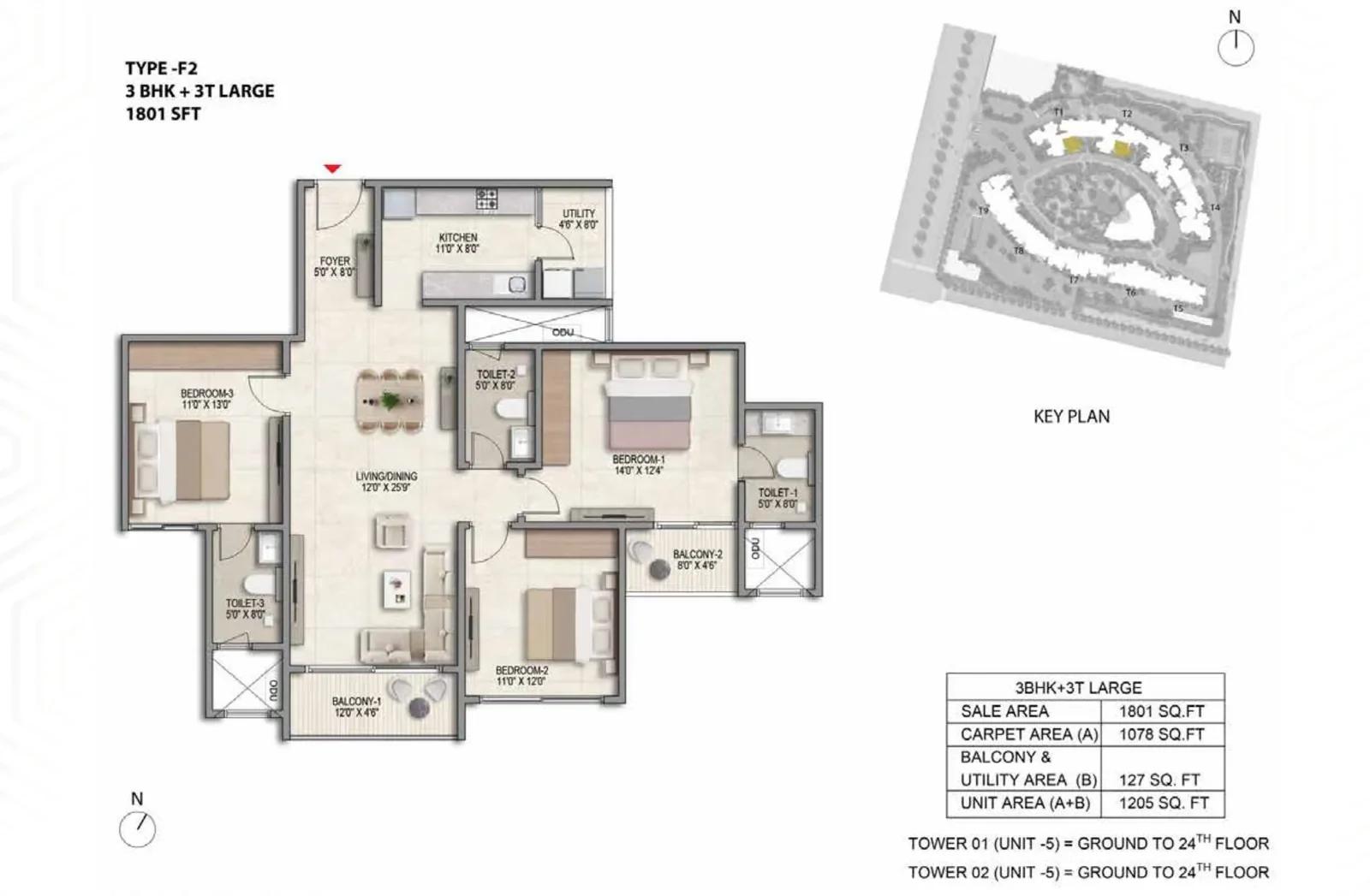 Prestige Parklane 3 BHK Large + 3T floor plan, Type F2, 1,801 sq ft