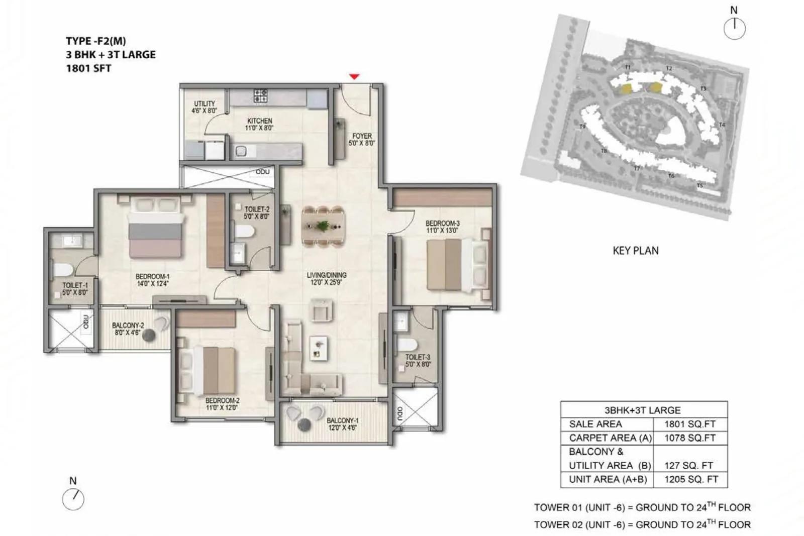Prestige Parklane 3 BHK Large + 3T floor plan, Type F2(M), 1,801 sq ft