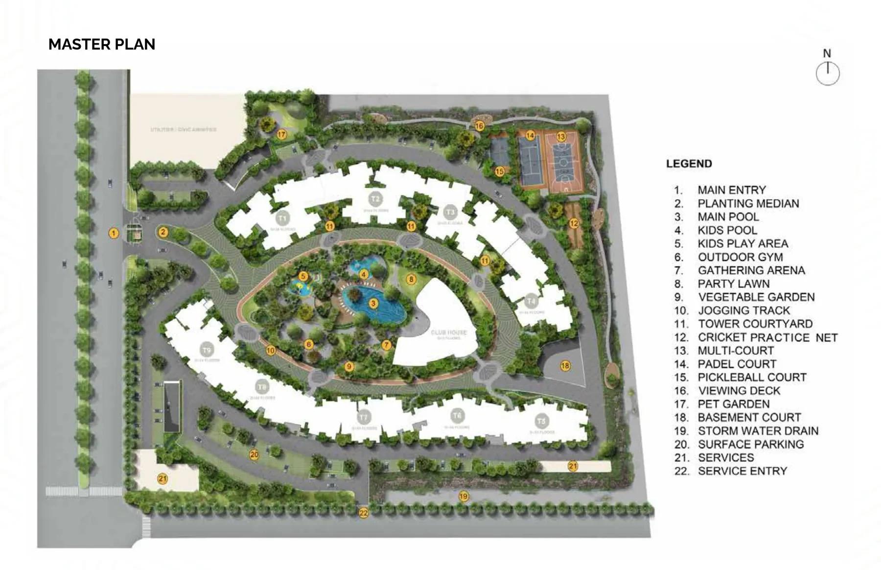 Prestige Parklane master plan with towers T1 to T9, clubhouse and central park, KIADB Aerospace Park, Devanahalli