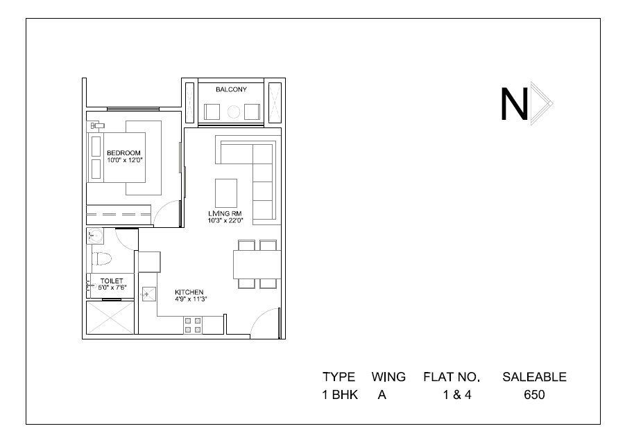 1 BHK 650 Sq Ft